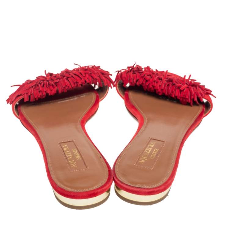 Pre Owned Aquazzura Red Suede Wild Thing Fringe Trimmed Flat Slides Size 37.5