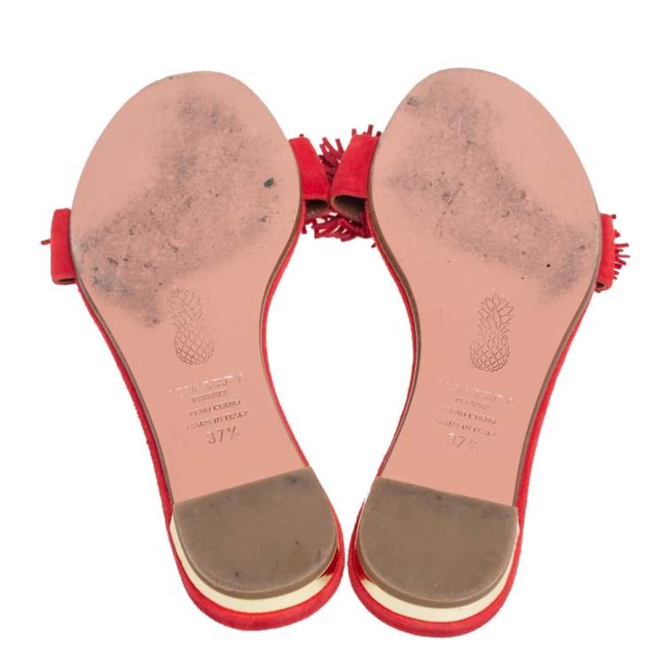 Pre Owned Aquazzura Red Suede Wild Thing Fringe Trimmed Flat Slides Size 37.5