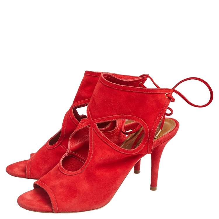 Pre Owned Aquazzura Red Suede Sandals Size 37