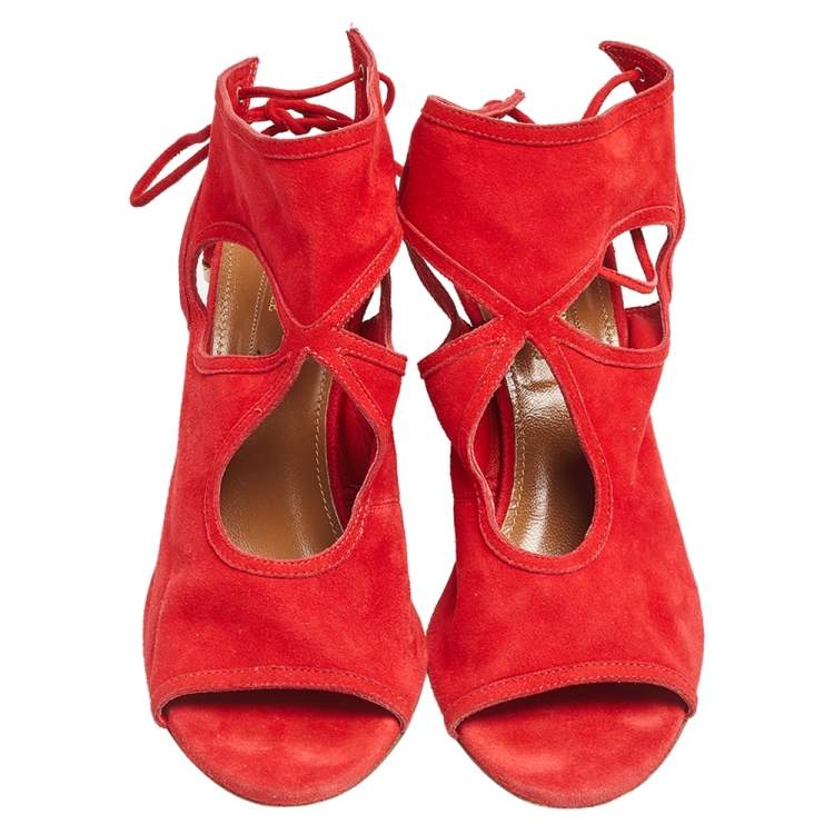 Pre Owned Aquazzura Red Suede Sandals Size 37