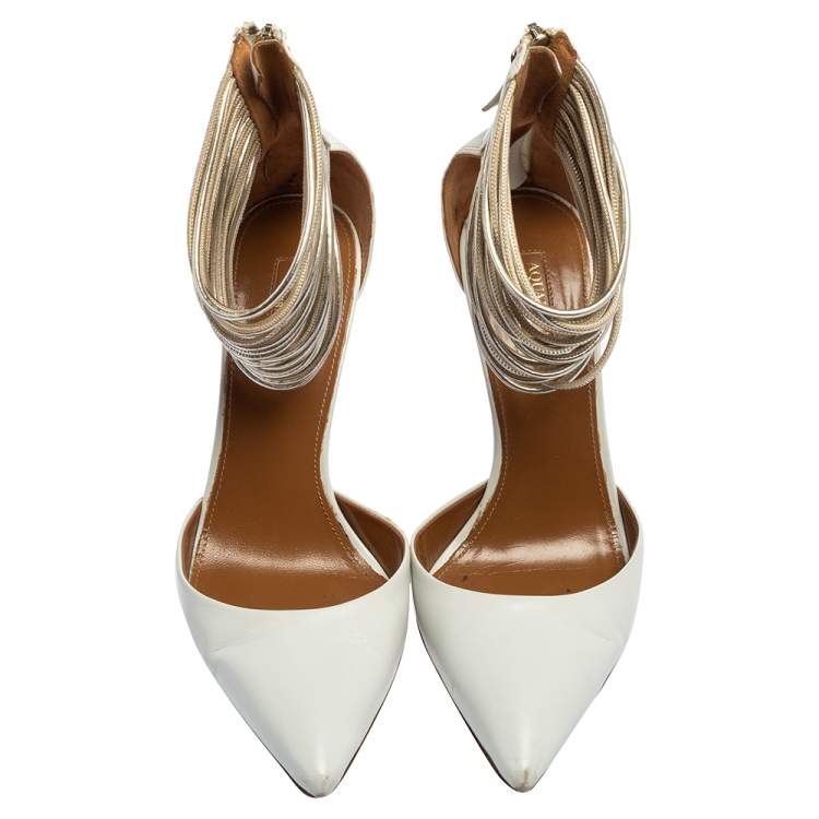 Pre Owned Aquazzura  White Leather Hello Lover Ankle Strap Pumps Size 37