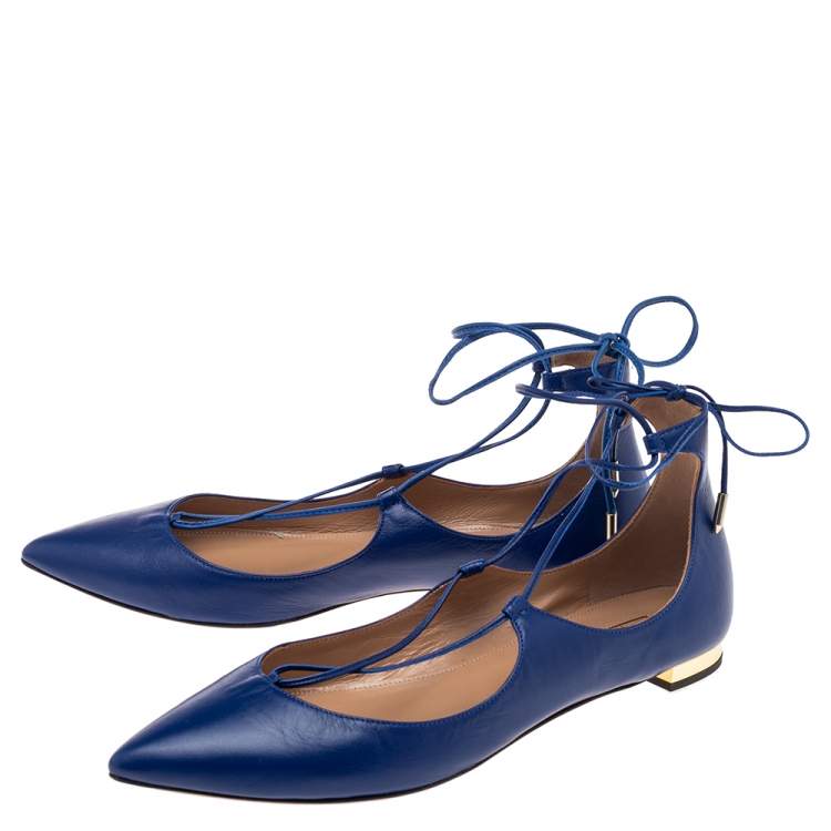 Pre Owned Aquazzura Blue Leather Poppy Delevingne Pointed Toe Ankle Wrap Flats Size 39