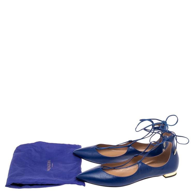 Pre Owned Aquazzura Blue Leather Poppy Delevingne Pointed Toe Ankle Wrap Flats Size 39