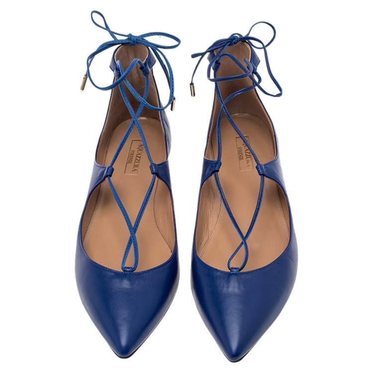 Pre Owned Aquazzura Blue Leather Poppy Delevingne Pointed Toe Ankle Wrap Flats Size 39
