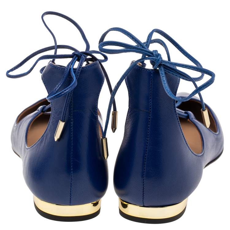 Pre Owned Aquazzura Blue Leather Poppy Delevingne Pointed Toe Ankle Wrap Flats Size 39