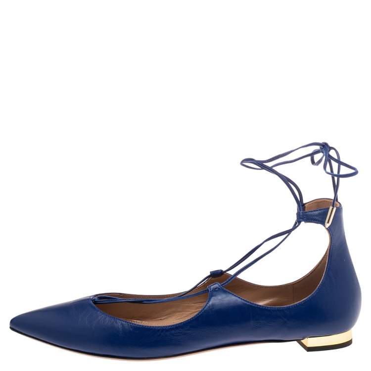 Pre Owned Aquazzura Blue Leather Poppy Delevingne Pointed Toe Ankle Wrap Flats Size 39
