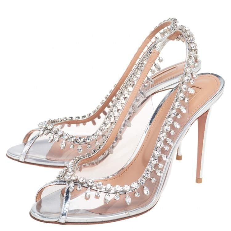 Pre Owned Aquazzura Metallic Silver Leather And PVC Crystal Embellished Slingback Sandals Size 40