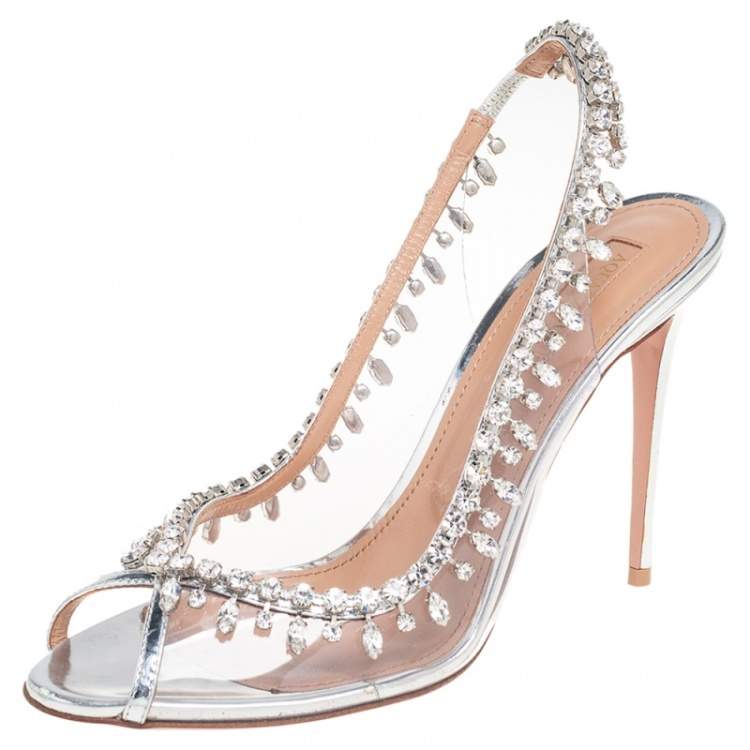Pre Owned Aquazzura Metallic Silver Leather And PVC Crystal Embellished Slingback Sandals Size 40