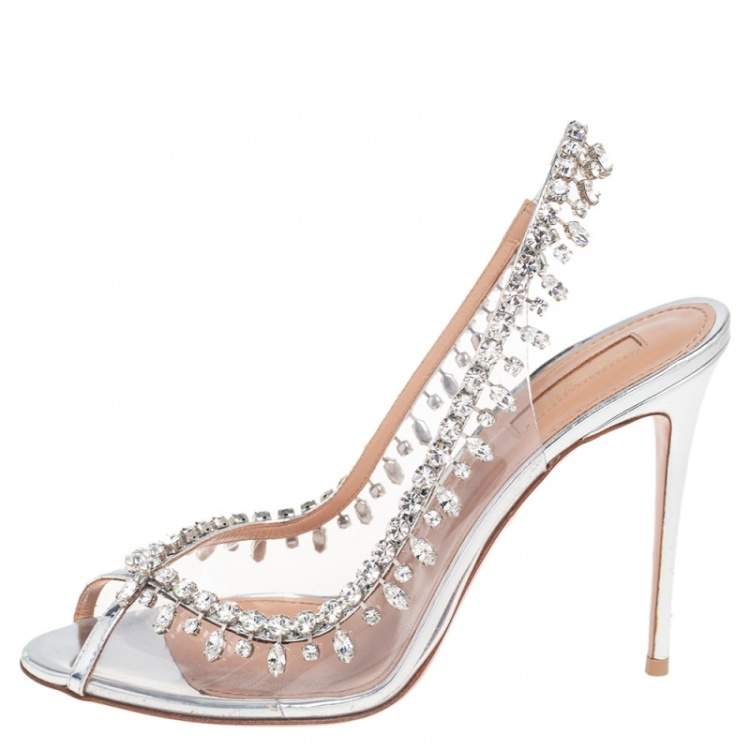Pre Owned Aquazzura Metallic Silver Leather And PVC Crystal Embellished Slingback Sandals Size 40