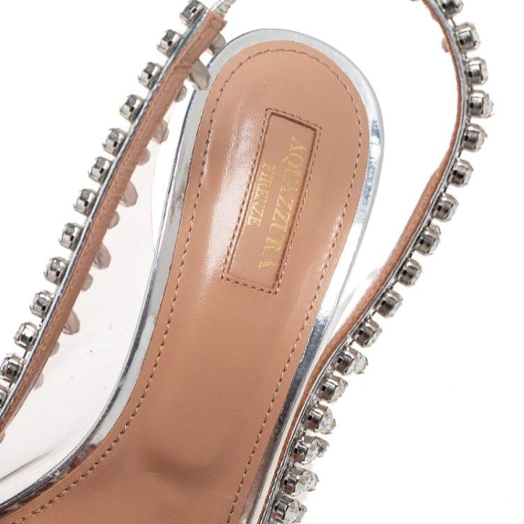 Pre Owned Aquazzura Metallic Silver Leather And PVC Crystal Embellished Slingback Sandals Size 40