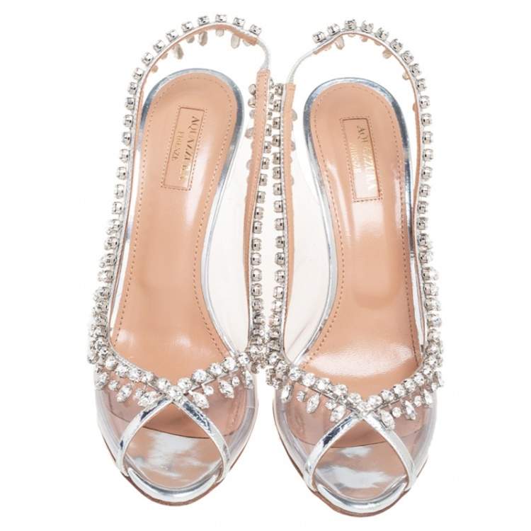 Pre Owned Aquazzura Metallic Silver Leather And PVC Crystal Embellished Slingback Sandals Size 40
