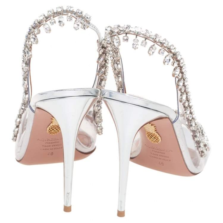 Pre Owned Aquazzura Metallic Silver Leather And PVC Crystal Embellished Slingback Sandals Size 40
