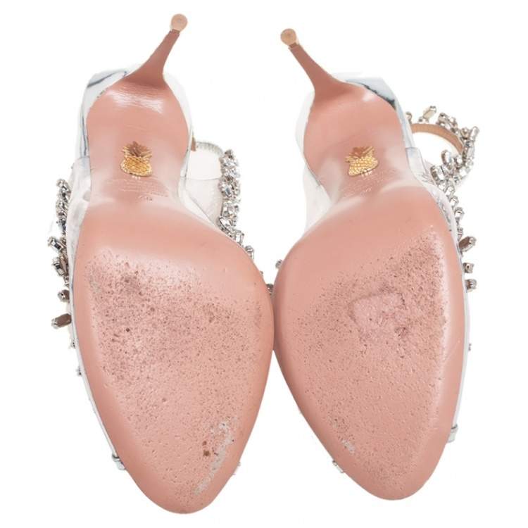 Pre Owned Aquazzura Metallic Silver Leather And PVC Crystal Embellished Slingback Sandals Size 40