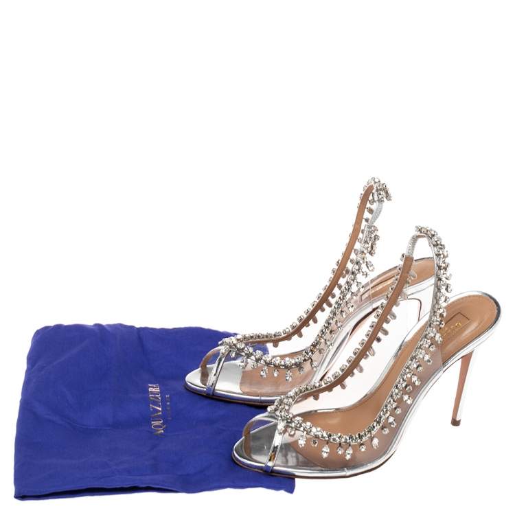 Pre Owned Aquazzura Silver Leather And PVC Temptation Slingback Sandals Size 37