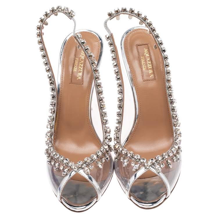 Pre Owned Aquazzura Silver Leather And PVC Temptation Slingback Sandals Size 37