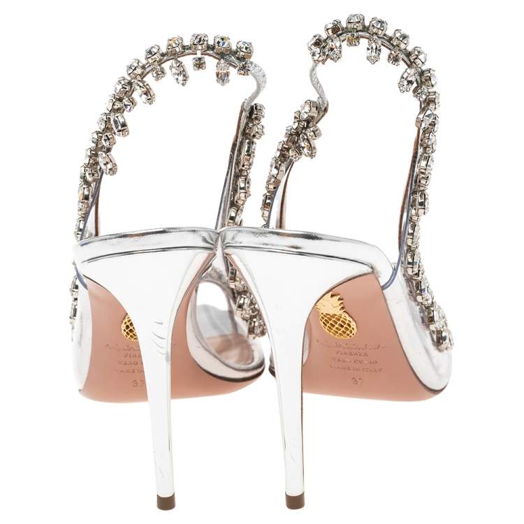 Pre Owned Aquazzura Silver Leather And PVC Temptation Slingback Sandals Size 37