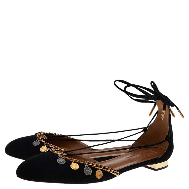 Pre Owned Aquazzura Black Suede Alexa Embellished Ankle Tie D'orsay Flats Size 40