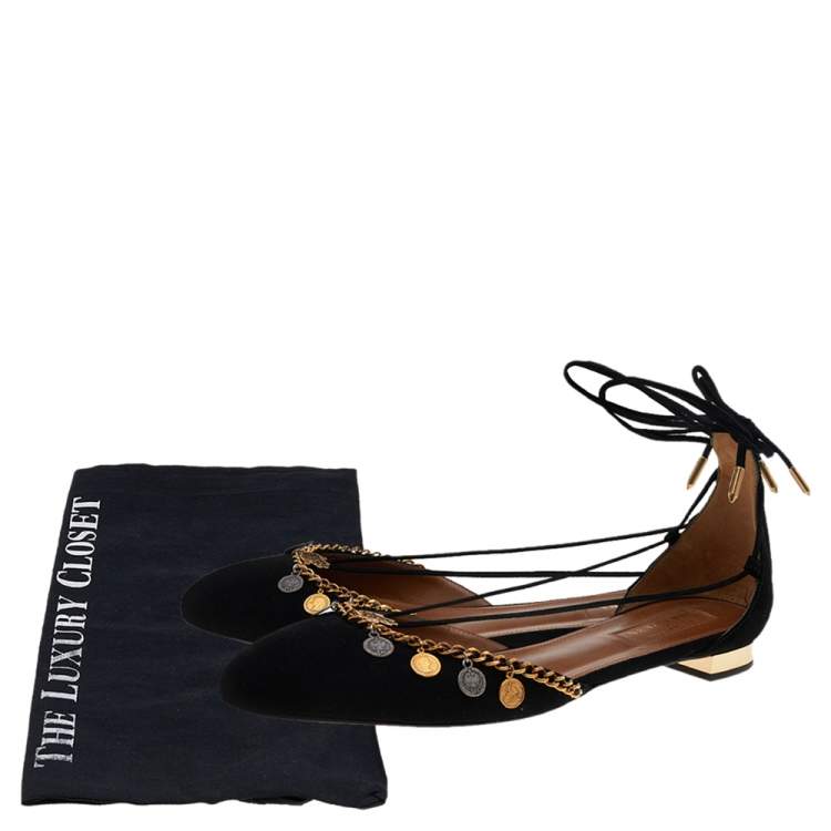 Pre Owned Aquazzura Black Suede Alexa Embellished Ankle Tie D'orsay Flats Size 40