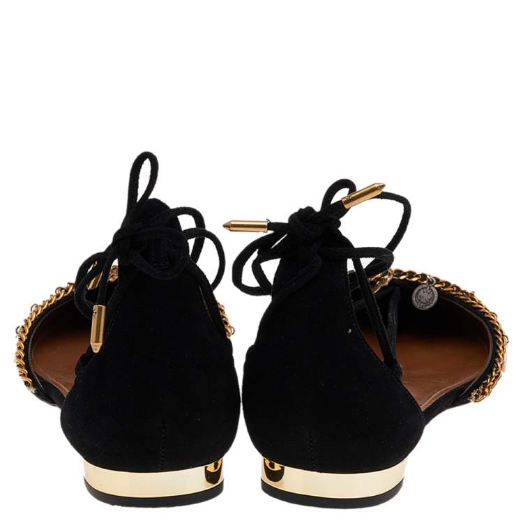 Pre Owned Aquazzura Black Suede Alexa Embellished Ankle Tie D'orsay Flats Size 40