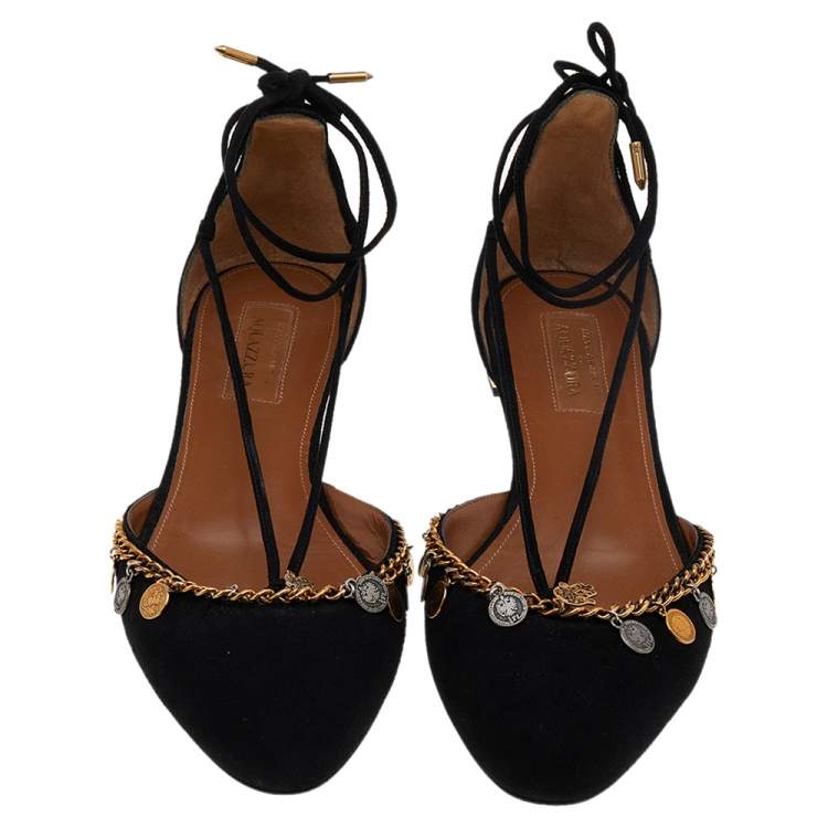 Pre Owned Aquazzura Black Suede Alexa Embellished Ankle Tie D'orsay Flats Size 40