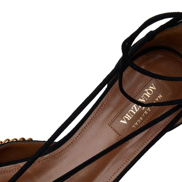Pre Owned Aquazzura Black Suede Alexa Embellished Ankle Tie D'orsay Flats Size 40