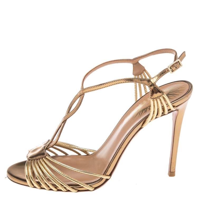 Pre Owned Aquazzura Metallic Gold Leather Josephine Ankle Strap Sandals Size 37.5