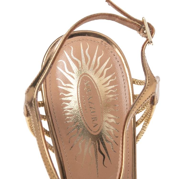 Pre Owned Aquazzura Metallic Gold Leather Josephine Ankle Strap Sandals Size 37.5