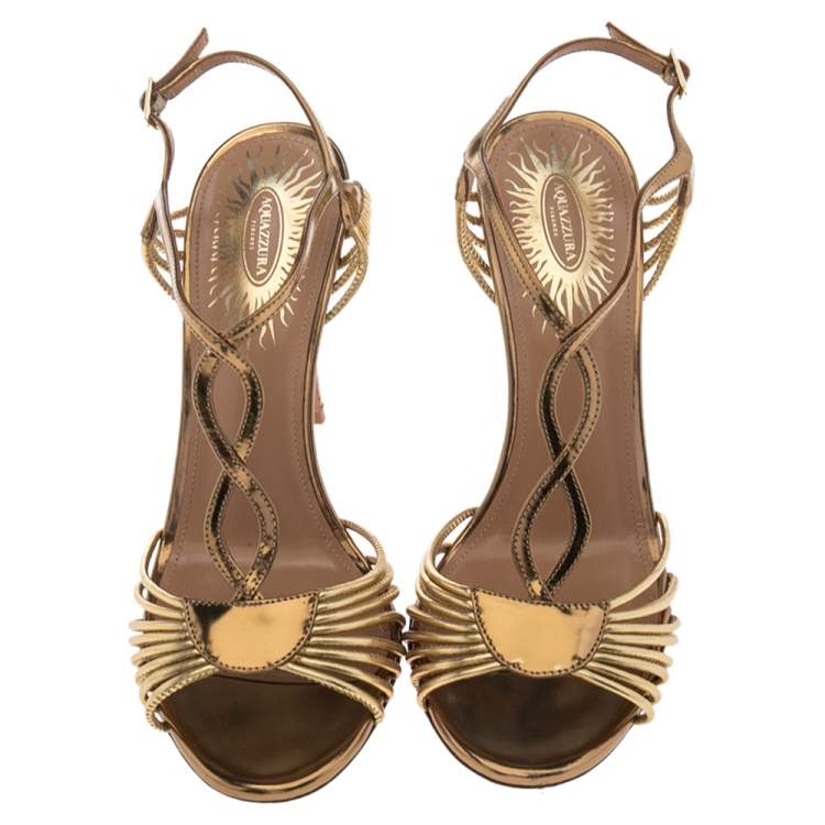 Pre Owned Aquazzura Metallic Gold Leather Josephine Ankle Strap Sandals Size 37.5