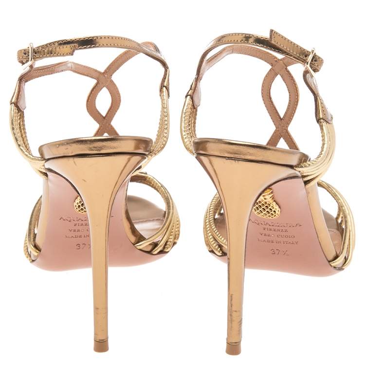 Pre Owned Aquazzura Metallic Gold Leather Josephine Ankle Strap Sandals Size 37.5