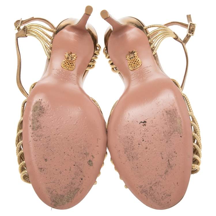 Pre Owned Aquazzura Metallic Gold Leather Josephine Ankle Strap Sandals Size 37.5