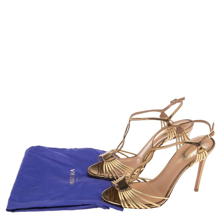 Pre Owned Aquazzura Metallic Gold Leather Josephine Ankle Strap Sandals Size 37.5