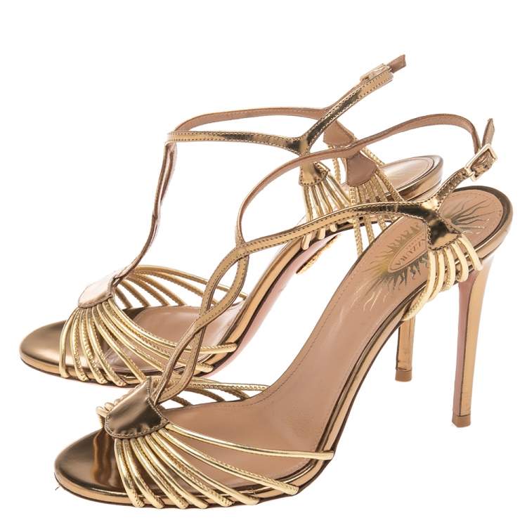 Pre Owned Aquazzura Metallic Gold Leather Josephine Ankle Strap Sandals Size 37.5