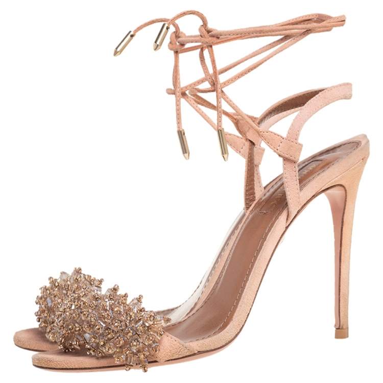 Pre Owned Aquazzura Pink Suede Monaco Embellished  Ankle Wrap Sandals Size 37