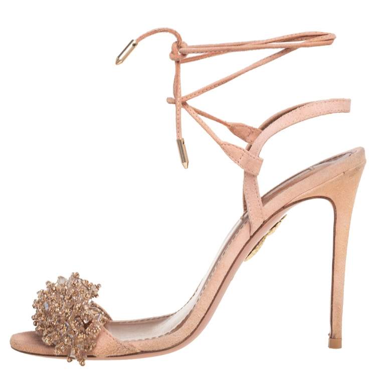 Pre Owned Aquazzura Pink Suede Monaco Embellished  Ankle Wrap Sandals Size 37
