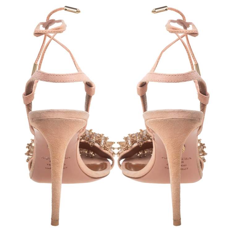 Pre Owned Aquazzura Pink Suede Monaco Embellished  Ankle Wrap Sandals Size 37