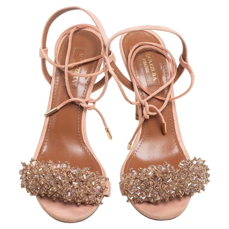 Pre Owned Aquazzura Pink Suede Monaco Embellished  Ankle Wrap Sandals Size 37