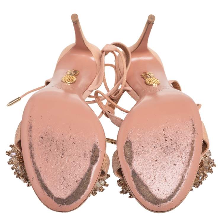 Pre Owned Aquazzura Pink Suede Monaco Embellished  Ankle Wrap Sandals Size 37