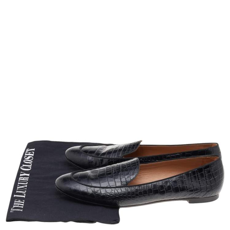 Pre Owned Aquazzura Black Croc Embossed Leather Slip on Loafers Size 38.5