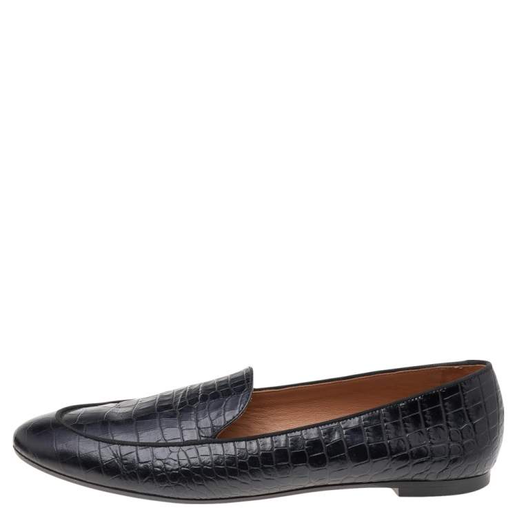 Pre Owned Aquazzura Black Croc Embossed Leather Slip on Loafers Size 38.5
