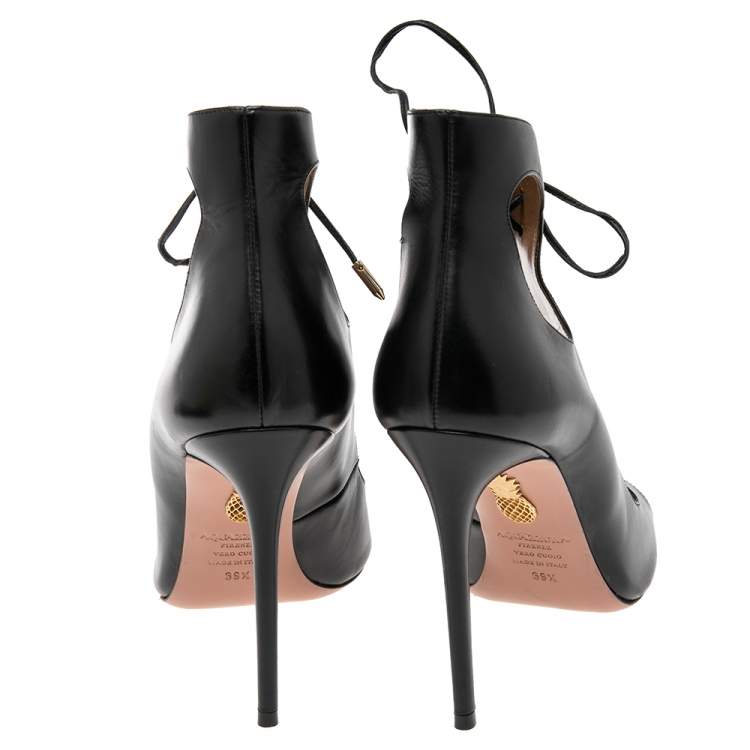 Pre Owned Aquazzura Black Leather Cut Out Ankle Tie Open Toe Sandals Size 39.5