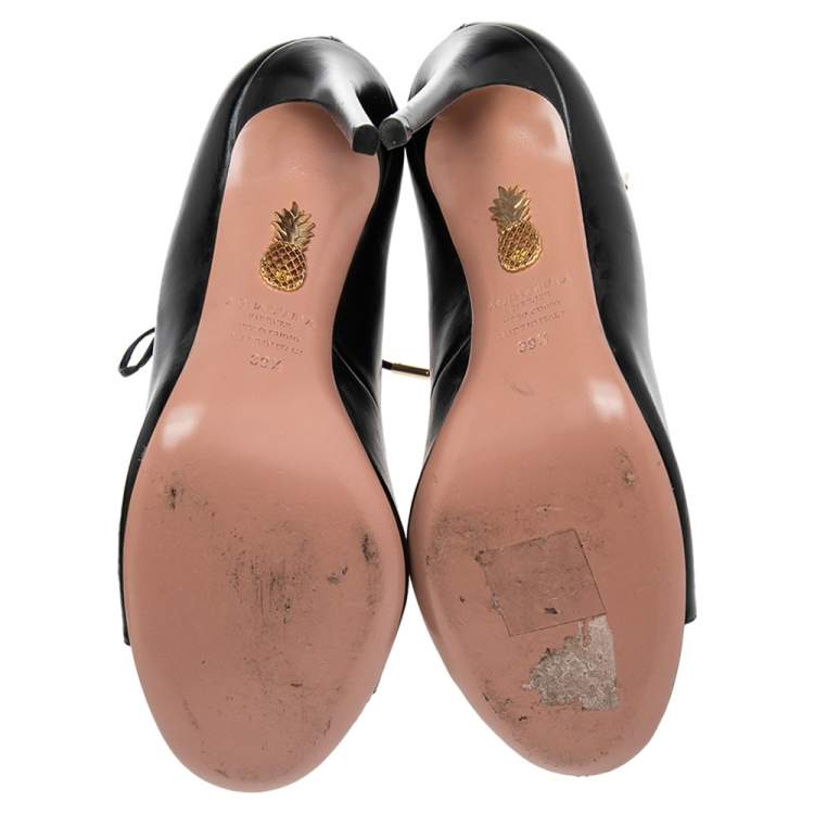 Pre Owned Aquazzura Black Leather Cut Out Ankle Tie Open Toe Sandals Size 39.5