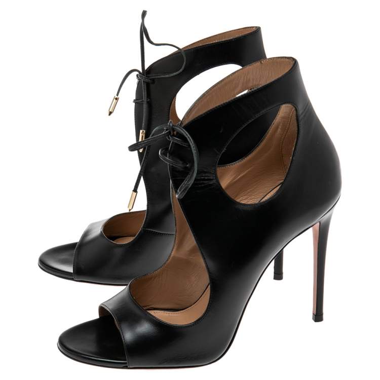 Pre Owned Aquazzura Black Leather Cut Out Ankle Tie Open Toe Sandals Size 39.5