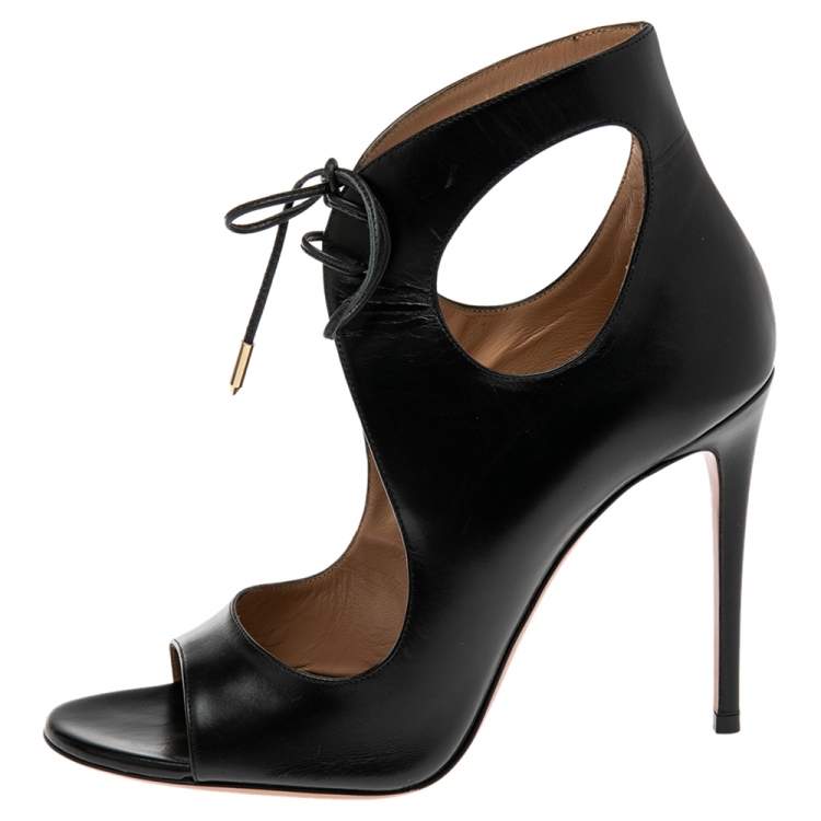 Pre Owned Aquazzura Black Leather Cut Out Ankle Tie Open Toe Sandals Size 39.5