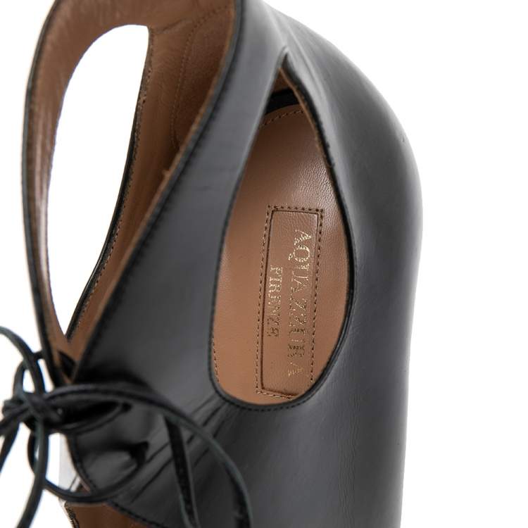 Pre Owned Aquazzura Black Leather Cut Out Ankle Tie Open Toe Sandals Size 39.5