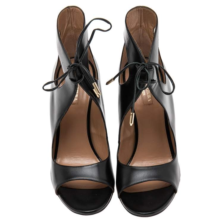 Pre Owned Aquazzura Black Leather Cut Out Ankle Tie Open Toe Sandals Size 39.5