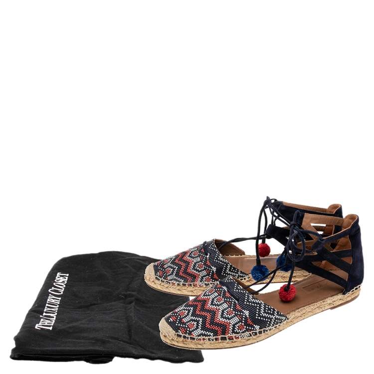 Pre Owned Aquazzura Multicolor Raffia And Suede Leather Belgravia Lace Up Espadrille Flat Sandals Size 39.5