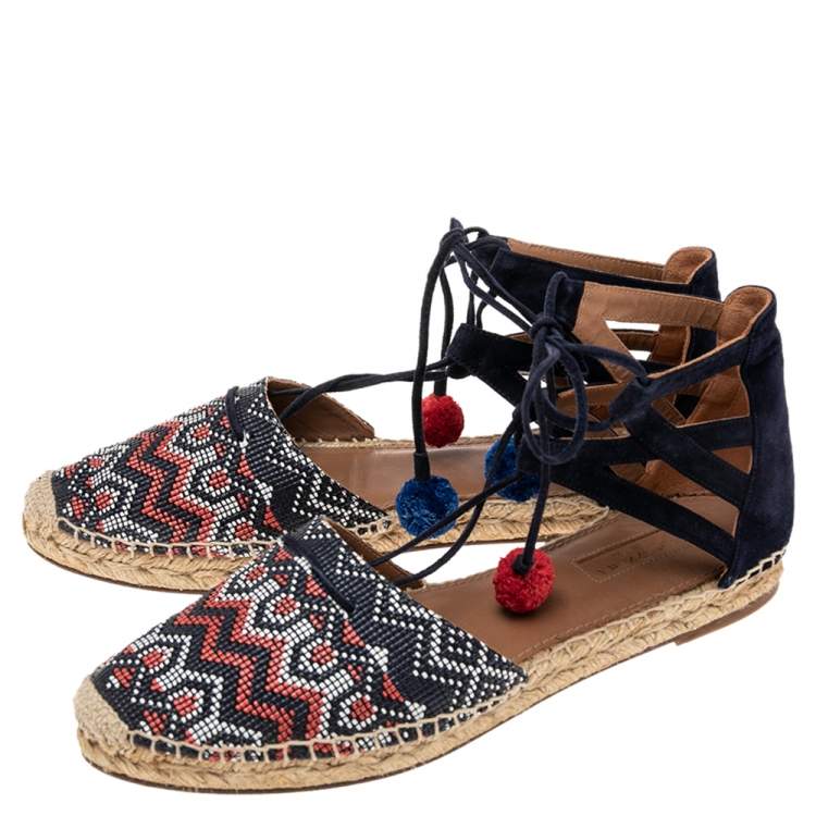 Pre Owned Aquazzura Multicolor Raffia And Suede Leather Belgravia Lace Up Espadrille Flat Sandals Size 39.5
