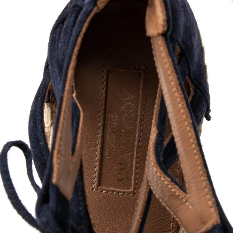 Pre Owned Aquazzura Multicolor Raffia And Suede Leather Belgravia Lace Up Espadrille Flat Sandals Size 39.5