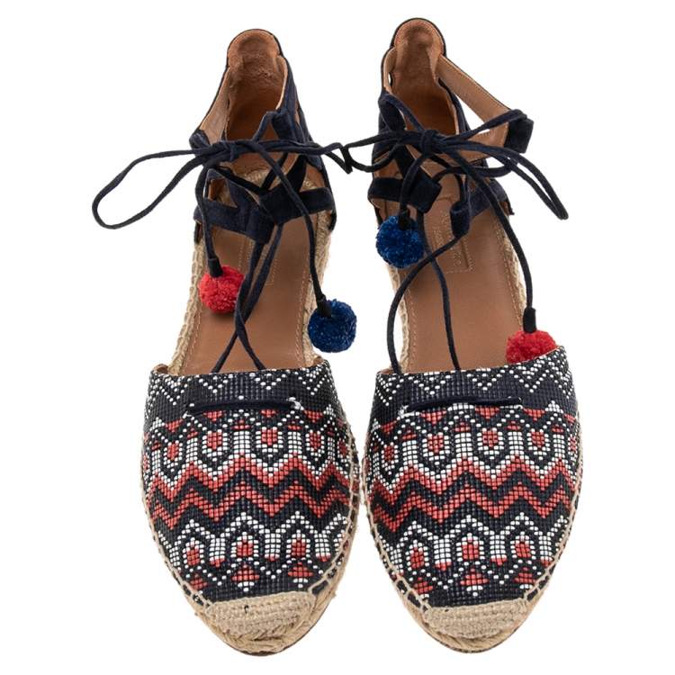 Pre Owned Aquazzura Multicolor Raffia And Suede Leather Belgravia Lace Up Espadrille Flat Sandals Size 39.5