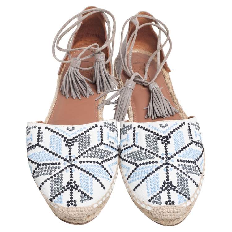 Pre Owned Aquazzura Multicolor Embroidered Canvas and Suede Tassel Ankle Wrap Espadrille Sandals Size 40